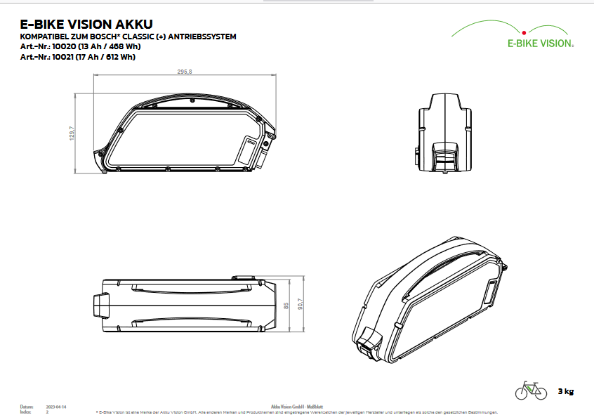 E-Bike Vision Akku kompatibel zum Bosch Classic Antriebssystem 17 Ah / 612 Wh