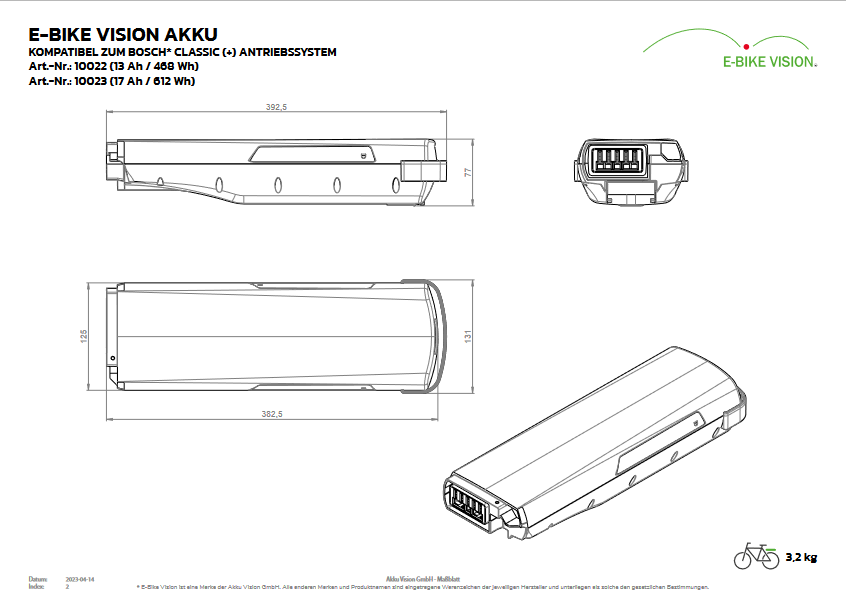 E-Bike Vision Akku kompatibel zum Bosch Classic Antriebssystem 17 Ah / 612 Wh