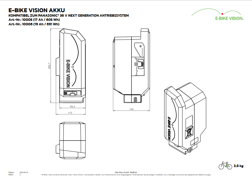 E-Bike Vision Akku kompatibel zum Panasonic 36 V Next Generation Antriebssystem 19 Ah / 691 Wh