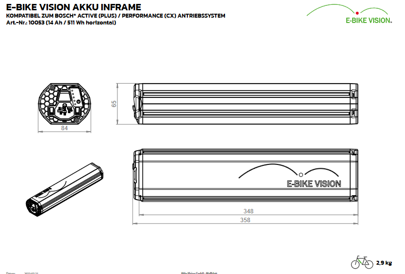 E-Bike Vision Akku InFrame Horizontal-Vertikal, kompatibel zum Bosch Active / Performance