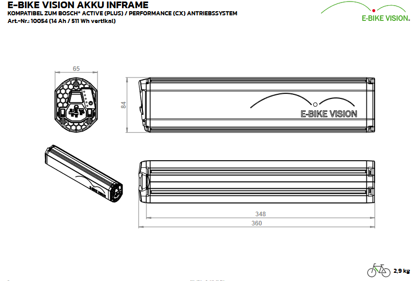 E-Bike Vision Akku InFrame Horizontal-Vertikal, kompatibel zum Bosch Active / Performance