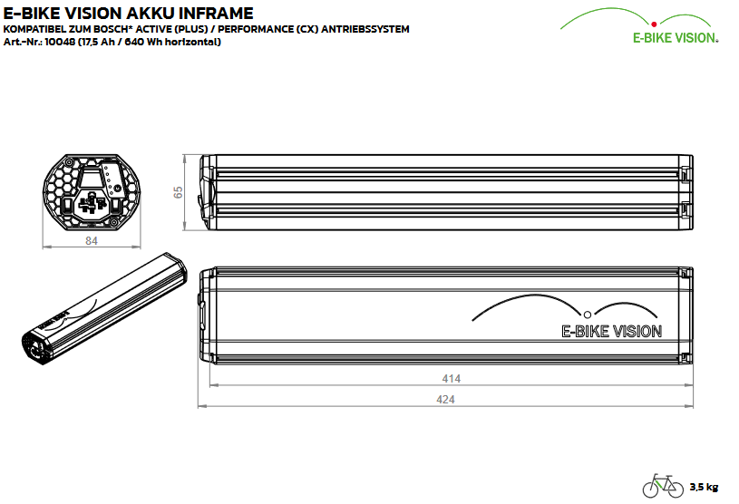 E-Bike Vision Akku InFrame Horizontal-Vertikal, kompatibel zum Bosch Active / Performance