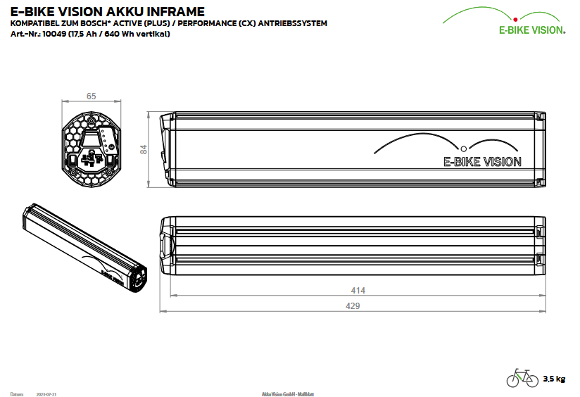 E-Bike Vision Akku InFrame Horizontal-Vertikal, kompatibel zum Bosch Active / Performance